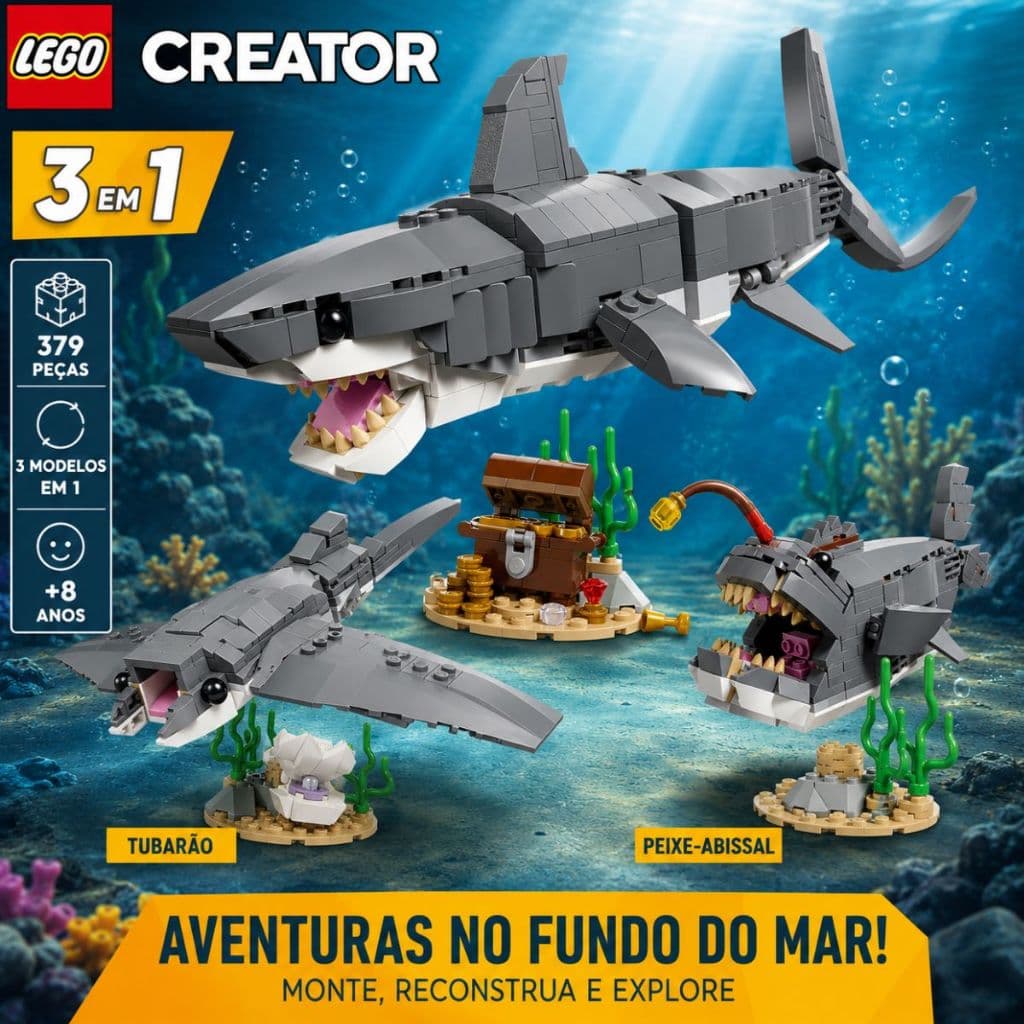 LEGO Creator 3 Em 1 Tubarão Feroz 31181 379 Peças Arraia Peixe-Abissal de Montar Original 8+