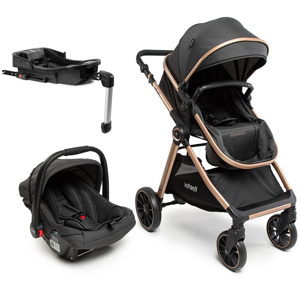 Carrinho Romanzo Preto Bronze bebê conforto e base ISOFIX Infanti