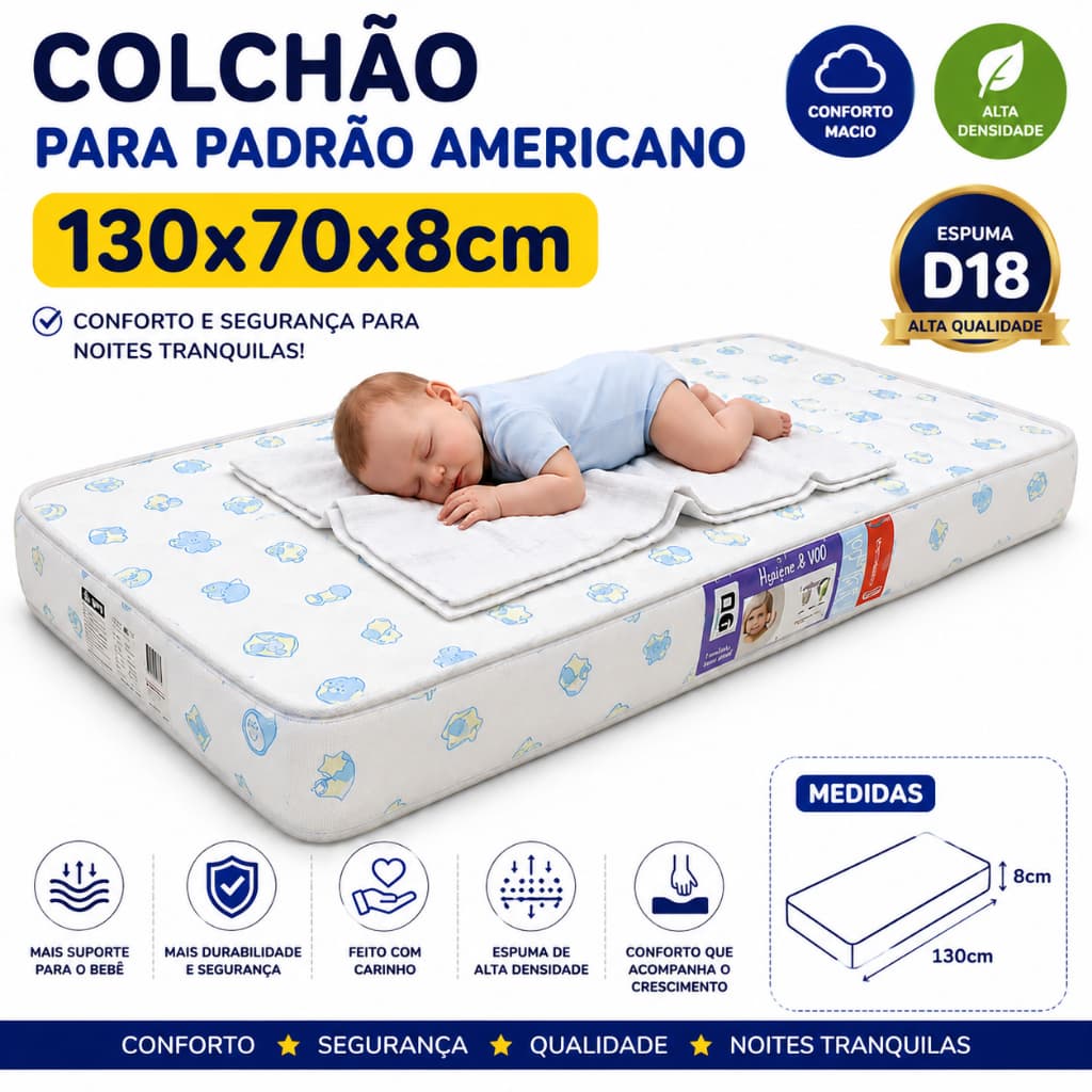 Colchão Para Berço Padrão Americano 130X70 RBN-IMPORTADOS Espuma D18 Ante Acaro