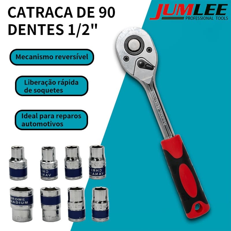 Jogo Chave Catraca Reversível 1/2 Pol 9 Peças Profissional Aço Cr-V Com Soquetes 8-19mm Kit Ferramentas Oficina