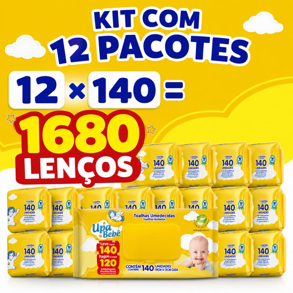 Kit 1680 Toalhas Umedecidas Bebê Upa Caixa 12 Pacotes com 140 Un Cada Uso Diário