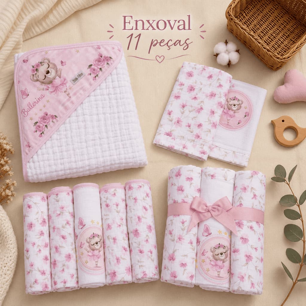 Kit Enxoval Bebê 11 Peças Luxo Toalha Capuz + Cueiros Flanelados + Fraldas + Paninhos Boca 100% Algodão