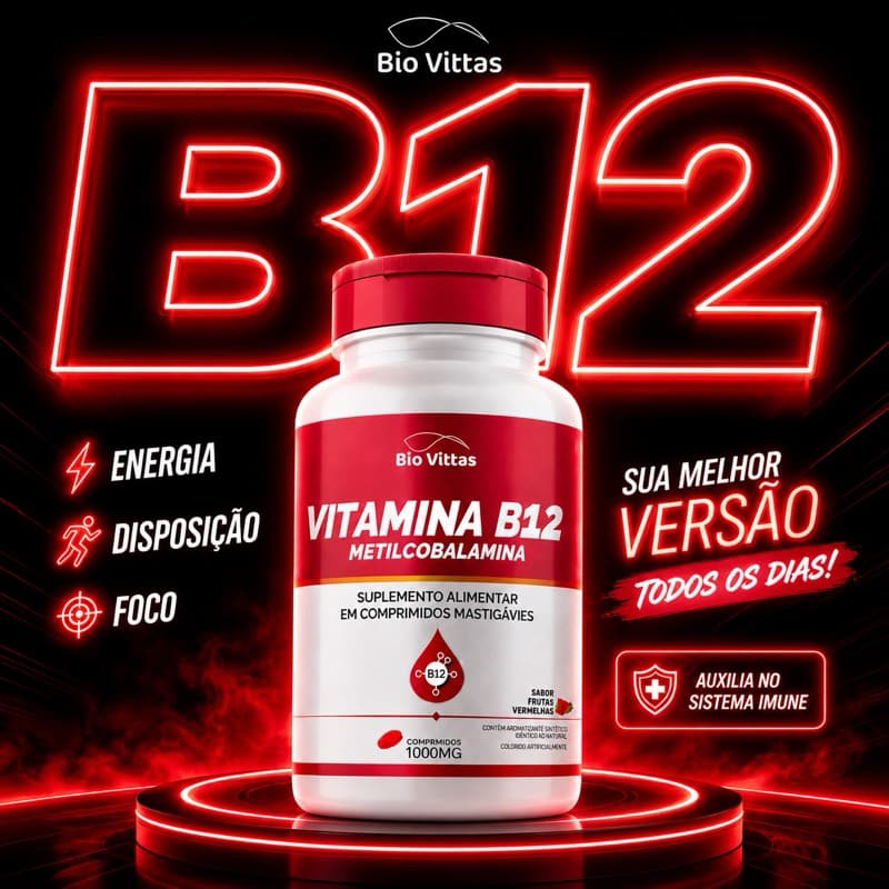 B12 VITAMINA METILCOBALAMINA 120 COMPRIMIDOS MASTIGÁVEIS SABOR FRUTAS VERMELHAS - BIO VITTAS