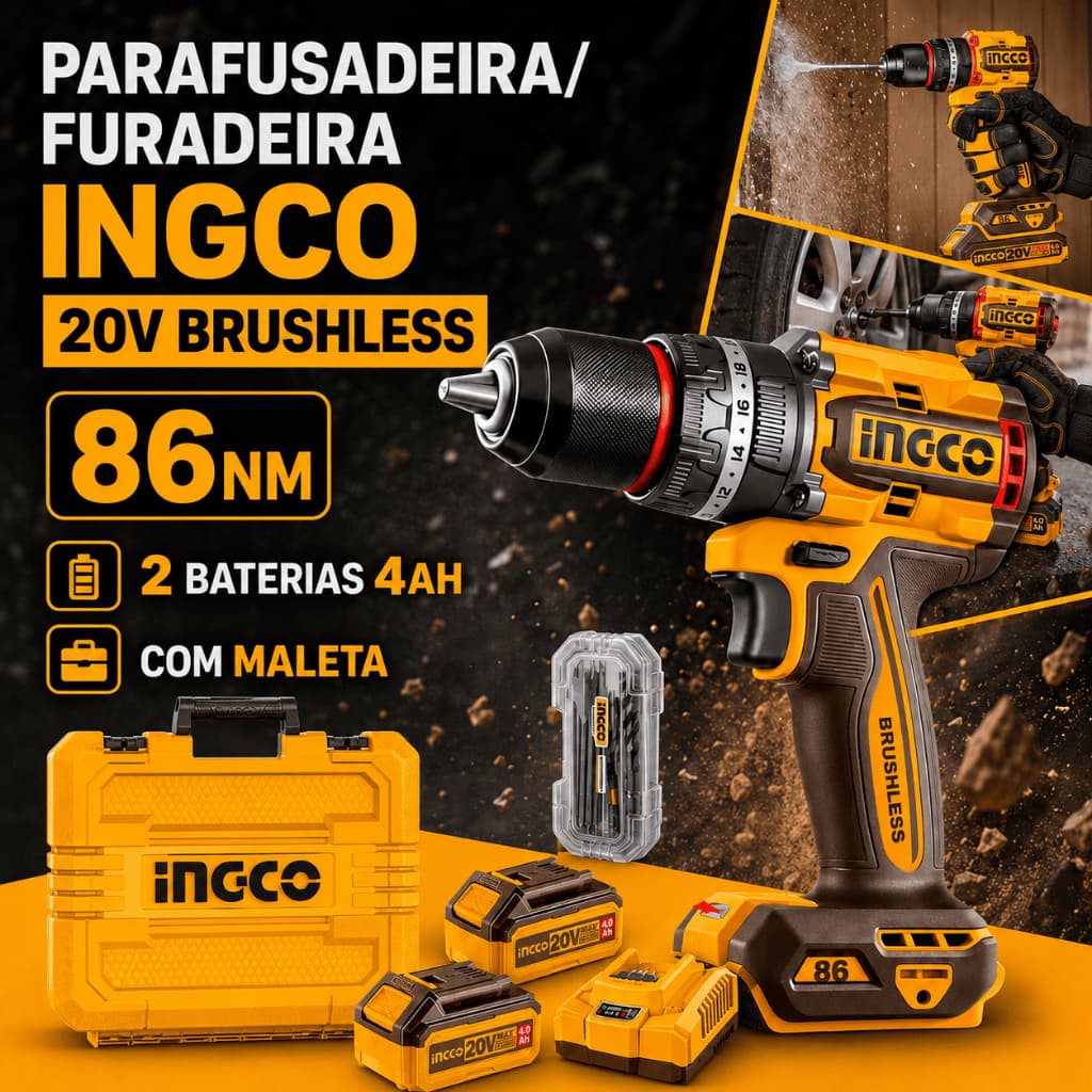 Parafusadeira Furadeira Impacto INGCO P20S 20V Brushless 86Nm 2 Baterias 4Ah Maleta