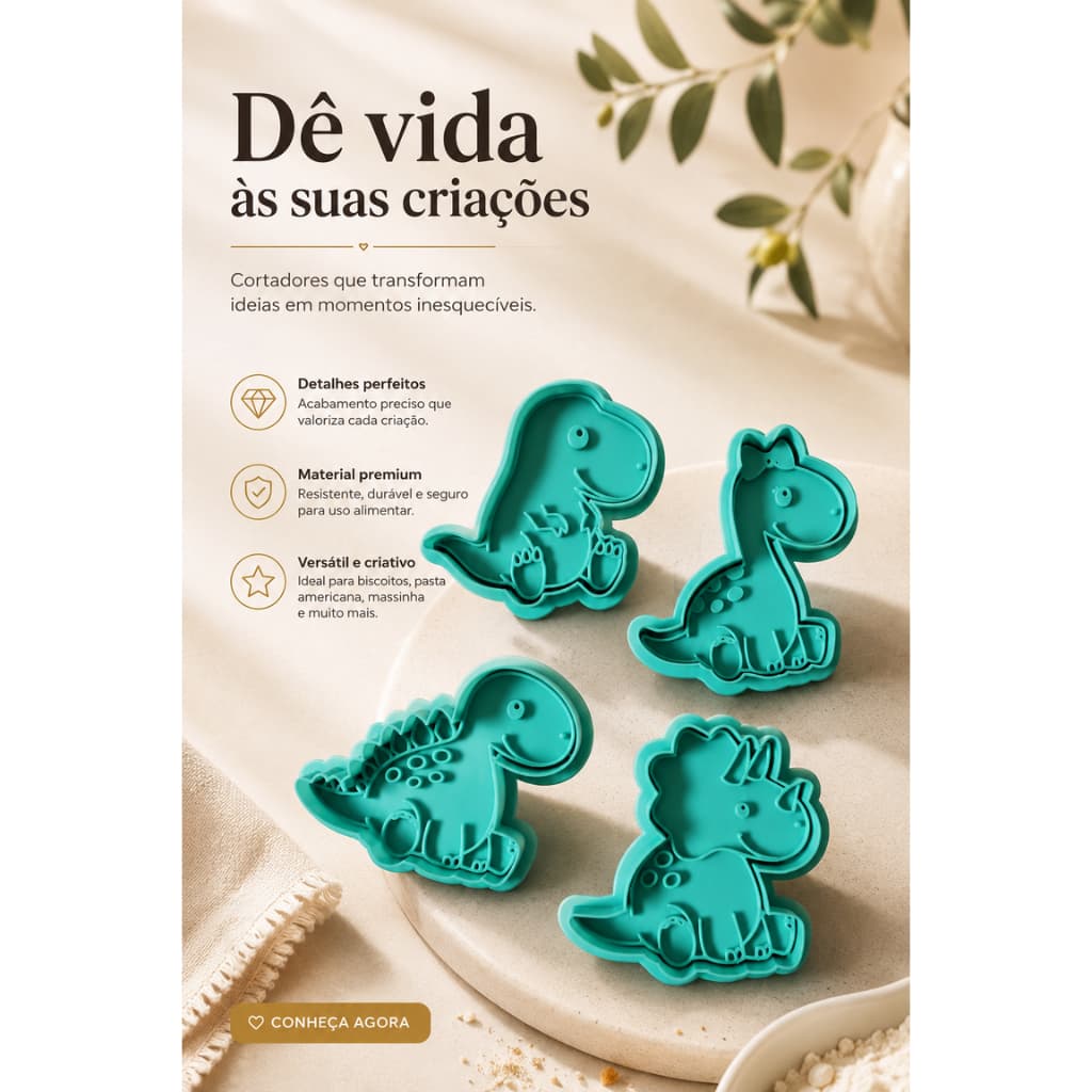 Kit Cortadores Dinossauros | Biscoitos | Cookies | Pasta Americana | Massinha de Modelar – 4 Unidades