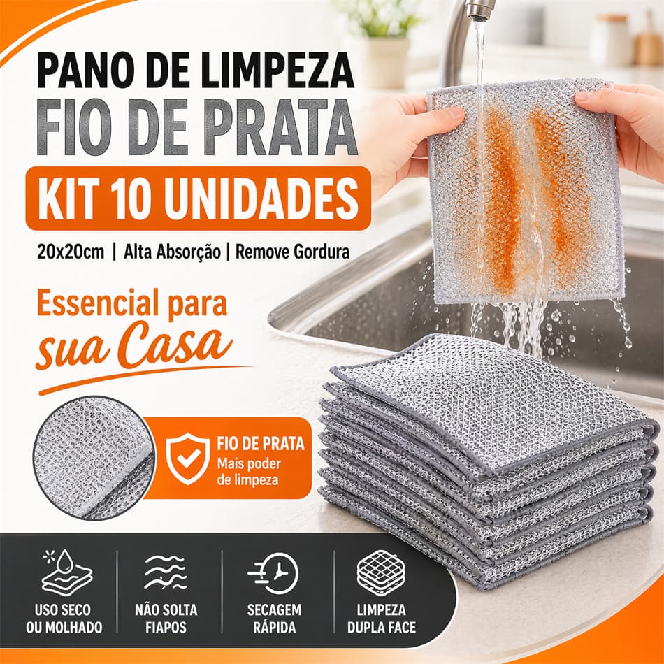 Pano de Limpeza Fio de Prata Dupla Face 10 Unidades Remove Gordura 20x20cm