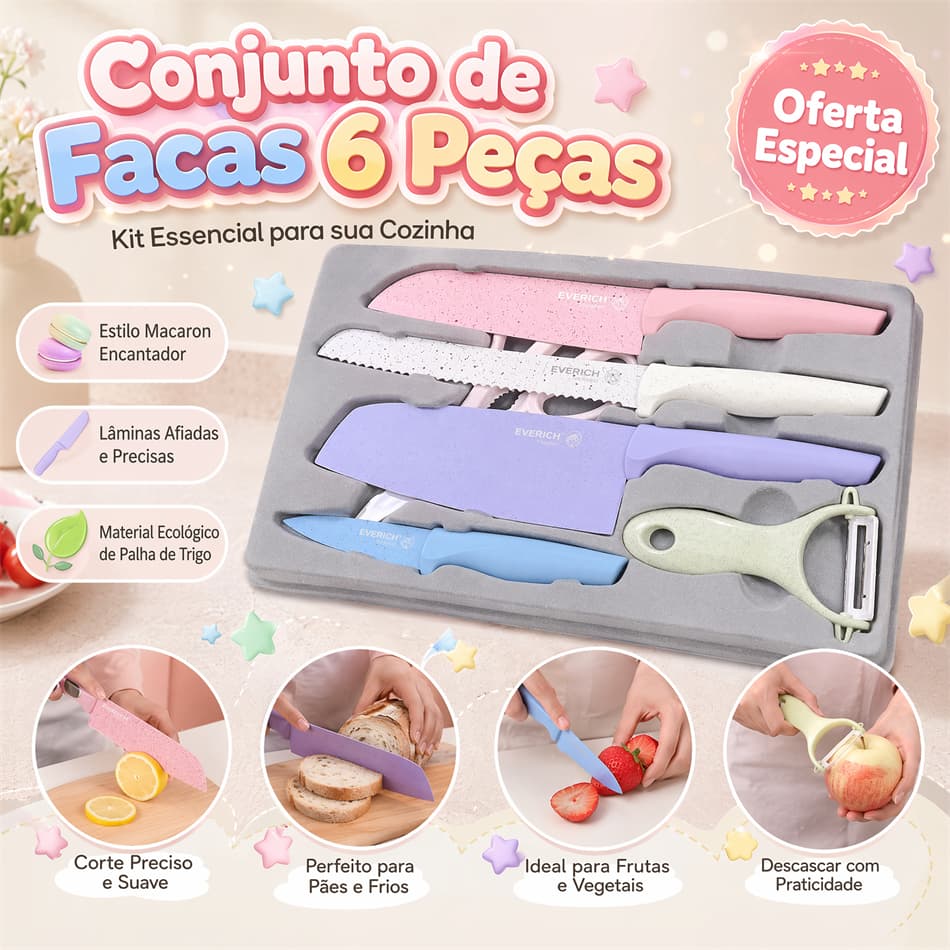 Conjunto de Facas 6 Peças Estilo Macaron Palha de Trigo Lâminas Afiadas Cozinha