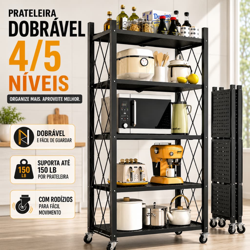 Estante Organizadora Dobrável 4/5 Andares com Rodinhas, Prateleira Multiuso para Cozinha Quarto Sala sem Montagem
