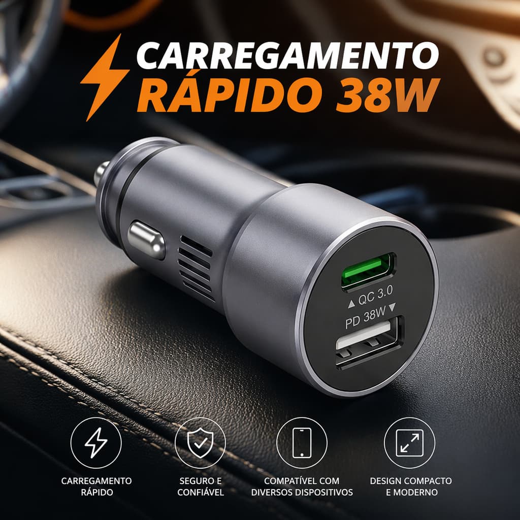 Carregador Veicular Turbo 38W Tipo C + USB