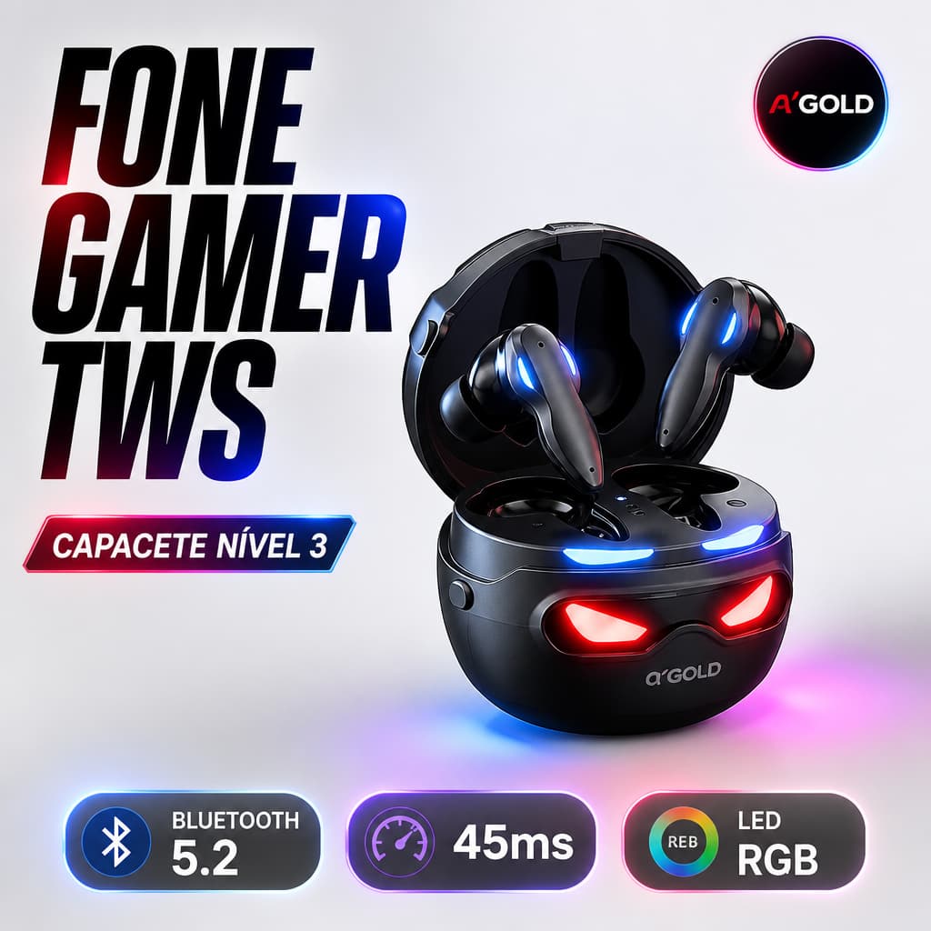 Fone de Ouvido Gamer TWS Bluetooth 5.2 Altomex "Capacete PUBG" - Baixa Latência 45ms LED (Original)