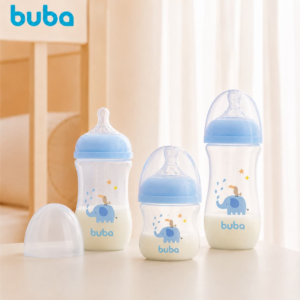BUBA Kit 3 Mamadeira Easy Flow Anticólica Buba 120 270 330ml Azul  -ideal para todas as fases do seu bebe.