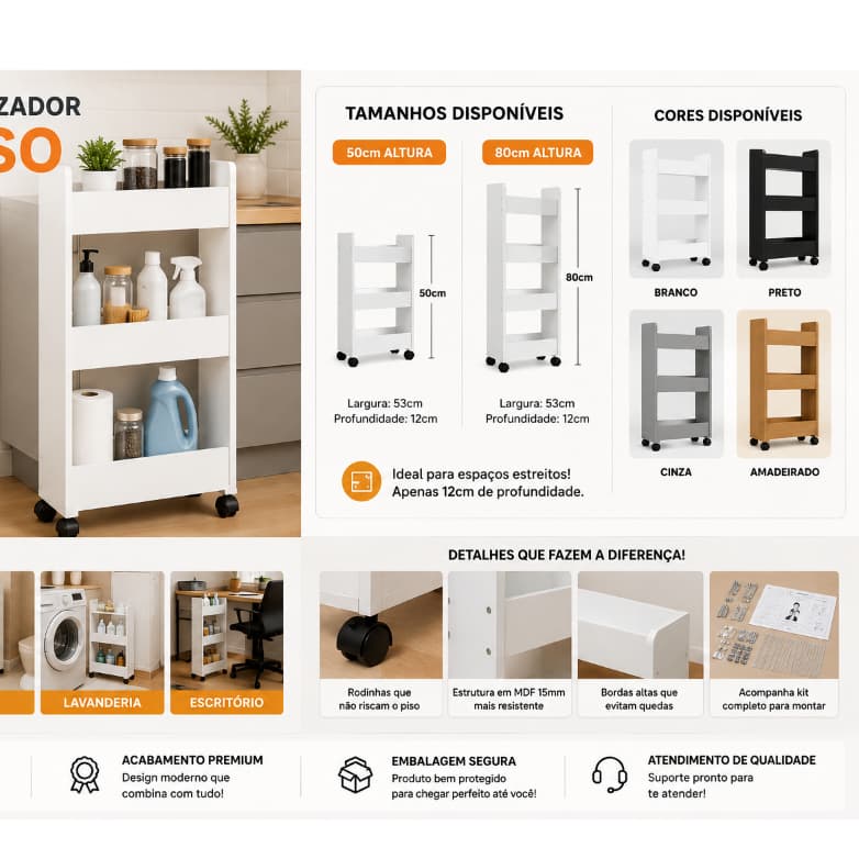 Carrinho Organizador Slim com Rodinhas 100% MDF para Lavanderia, Banheiro e Cozinha