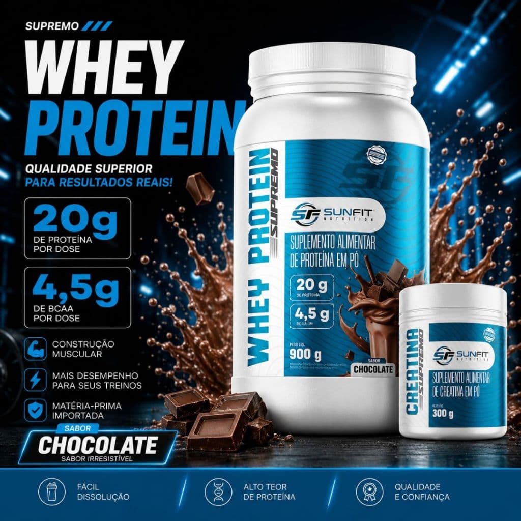 Kit Whey Protein Supremo 900g + Creatina 100% Pura Monohidratada CHOCOLATE
