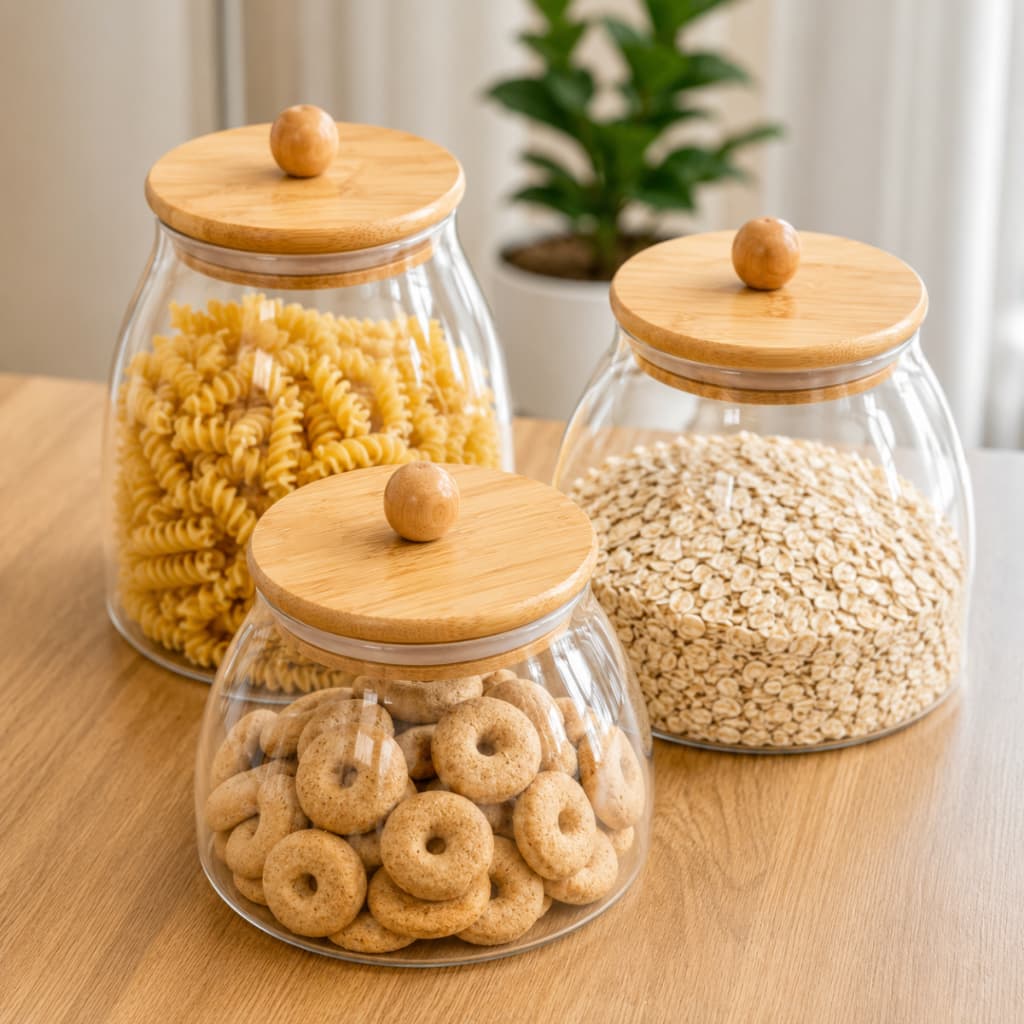 KIT 3 Pote De Vidro Hermético Com Tampa De Bambu Bolinha Transparente redondo Organizador Multiuso De Cozinha