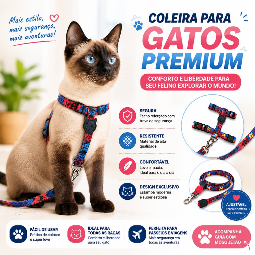 Coleira Peitoral para Gato Super Herois  c- Guia Ajustável | Peitoral Premium Pet Shop com Mosquetão