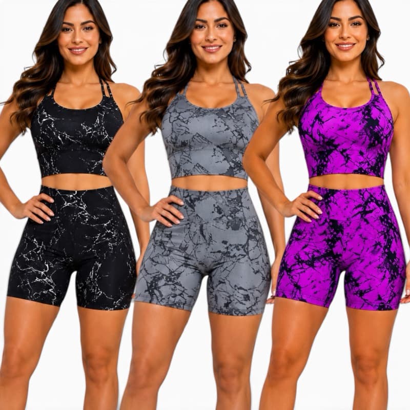 Kit 3 Conjunto Marmorizado Top Trançado Bojo Rem Shorts Meia Coxa Roupa Feminina Fitness Academia