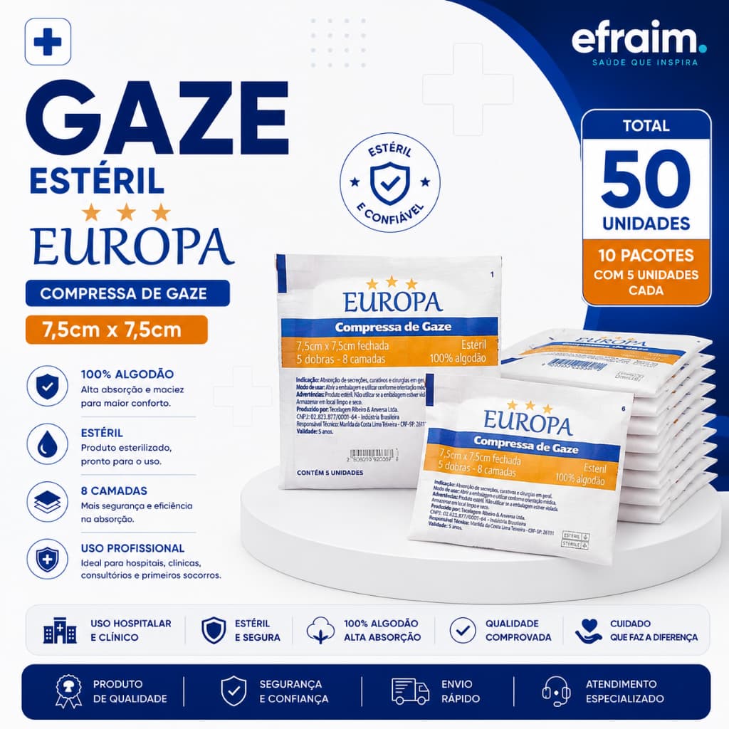 Gaze Estéril 7,5cm x 7,5cm Para Curativos - Kit C/10 Pacotes - Total 50 Unidades