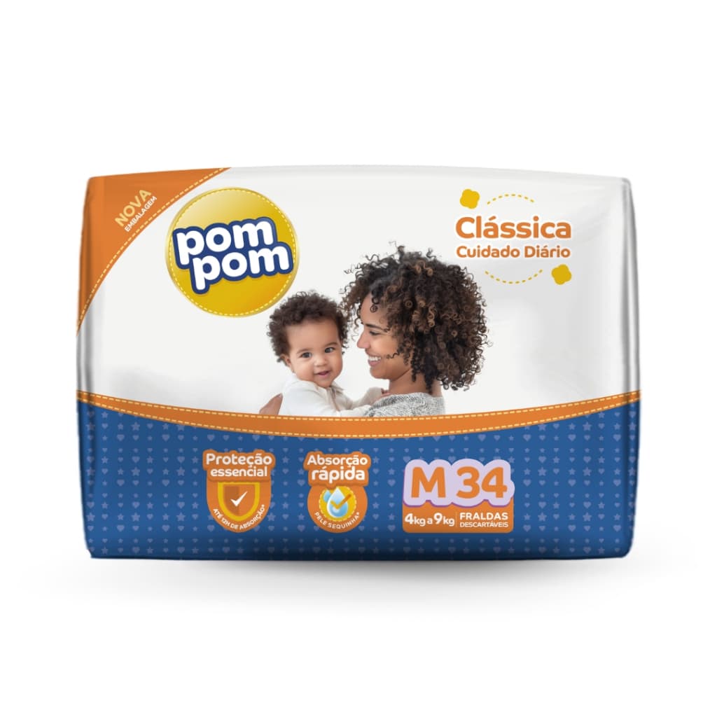 Fralda Descartável Infantil Pom Pom Clássica Cuidado Diário Econômica M 34 Unidades 4 a 9 kg