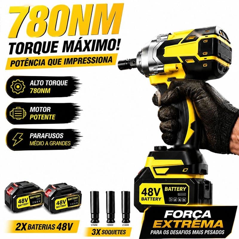 Chave de Impacto Elétrica 48V Sem Fio Profissional Alto Torque Parafusadeira Furadeira Bateria Dupla Kit Completo Para