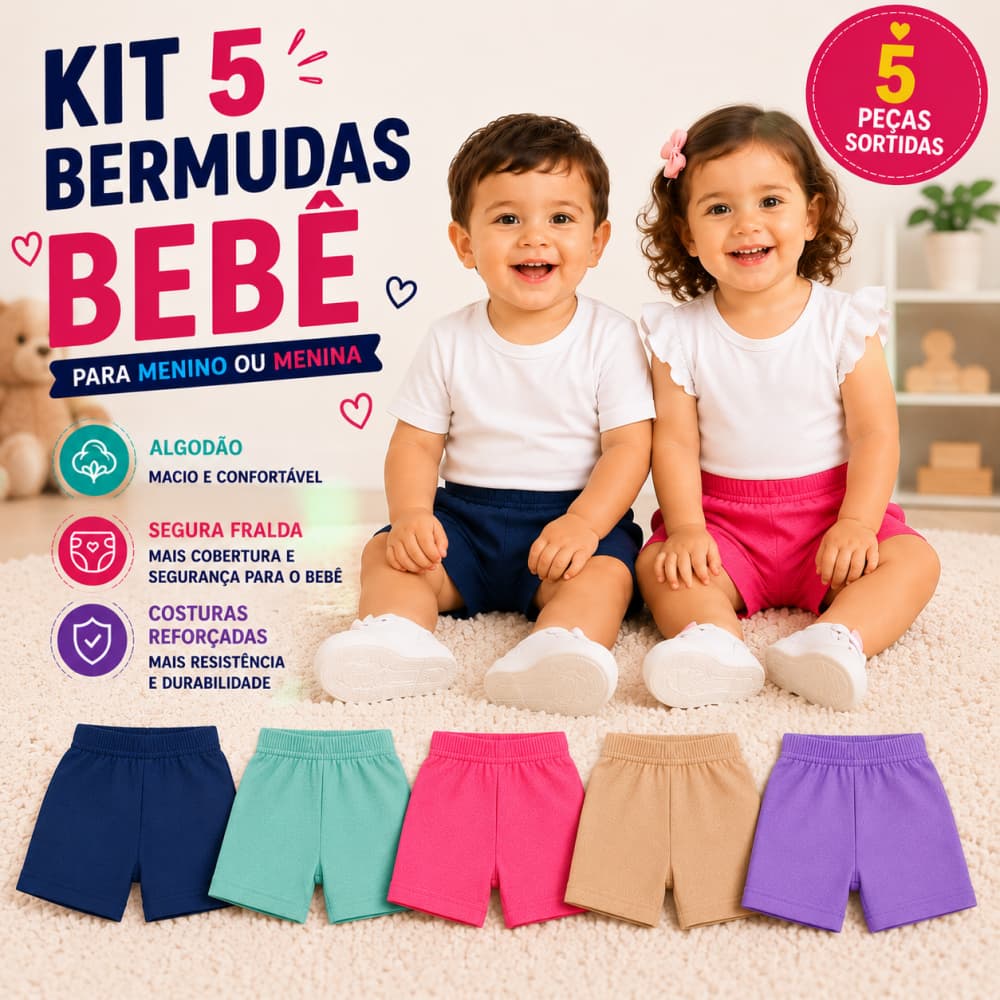 Roupinhas de Bebê Kit 5 Short Menina Menino Bermuda Neném Tapa Fraldas Confortável Promoção Cores