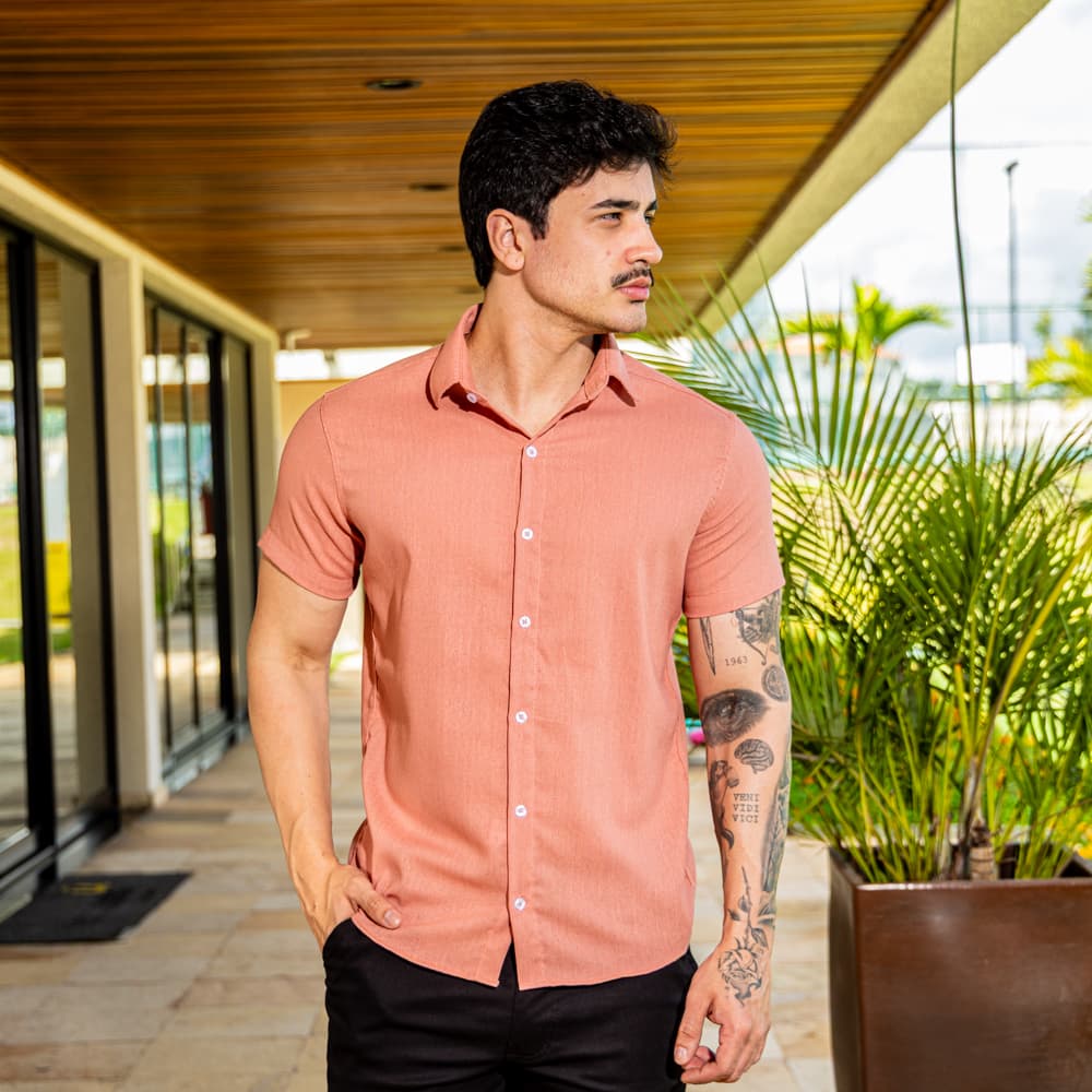 Camisa Masculina Social Manga Curta Linho Premium Slim Fit Luxo Elegante