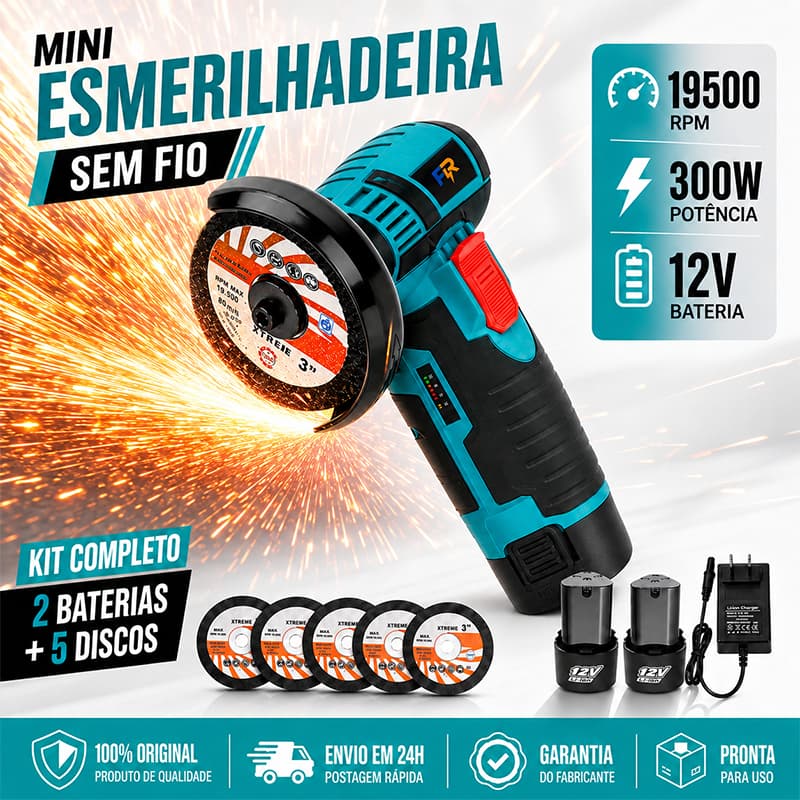 Mini Esmerilhadeira Angular Sem Fio 12V com 2 Baterias e 5 Discos