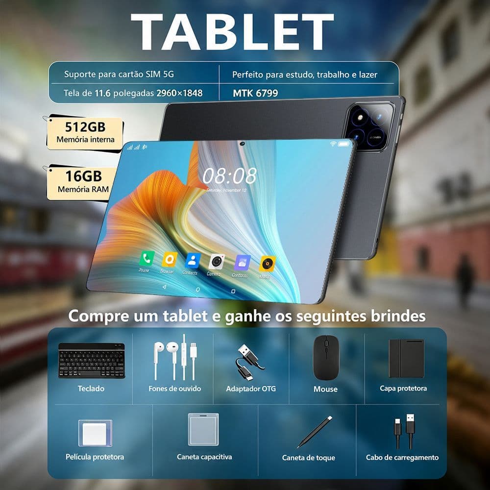 Tablet ZEENO Pad7 Pro 16GB+512GB 5G Tela 11,6" Android 15 8800mAh Envio Imediato com NF