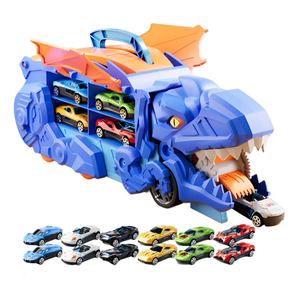 Caminhão Dinossauro Porta-Carrinhos com 4 Carrinhos de Metal
