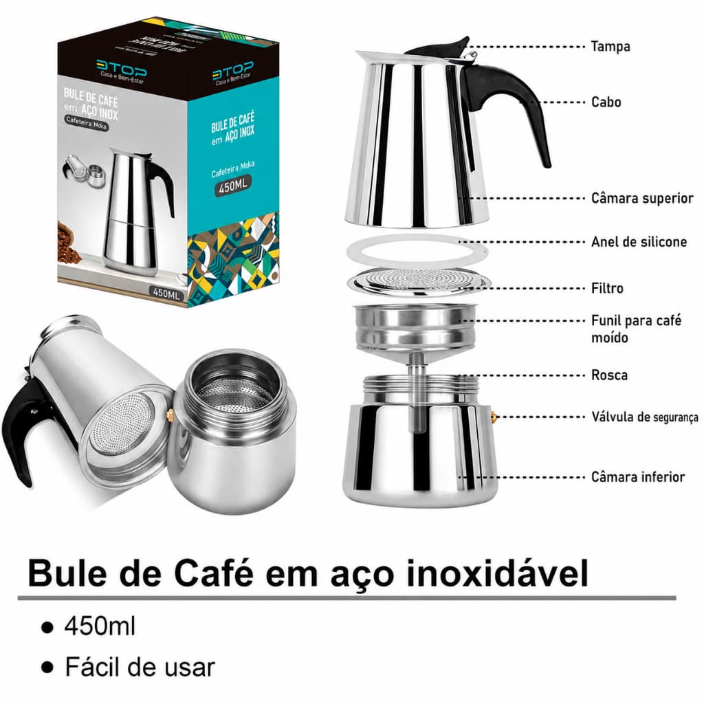 Cafeteira Expresso Italiana Luxo Moka Inox 450ml 9 Xicaras