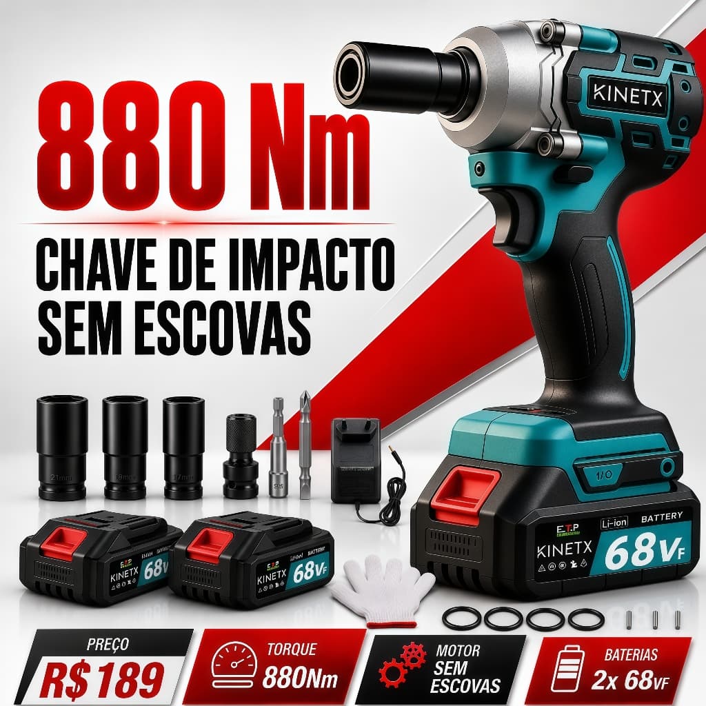 Chave De Impacto 880Nm Kinetx Motor Brushless Sem Fio Parafusadeira Furadeira Profissional 2 Baterias 98Vf Kit Acessório