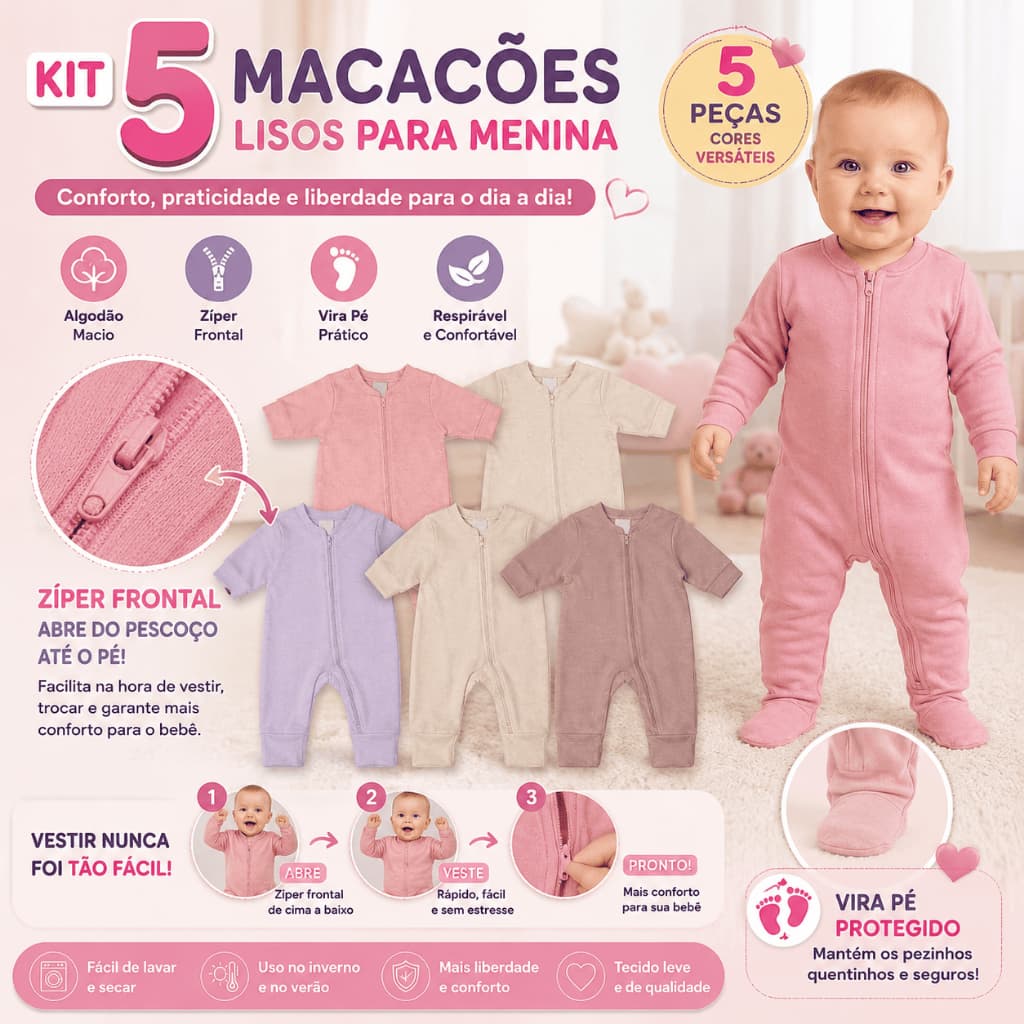 Kit 5 Macacão Bebê Ziper Menina Algodão Vira Pé Inverno Enxoval Macio Inverno Menino