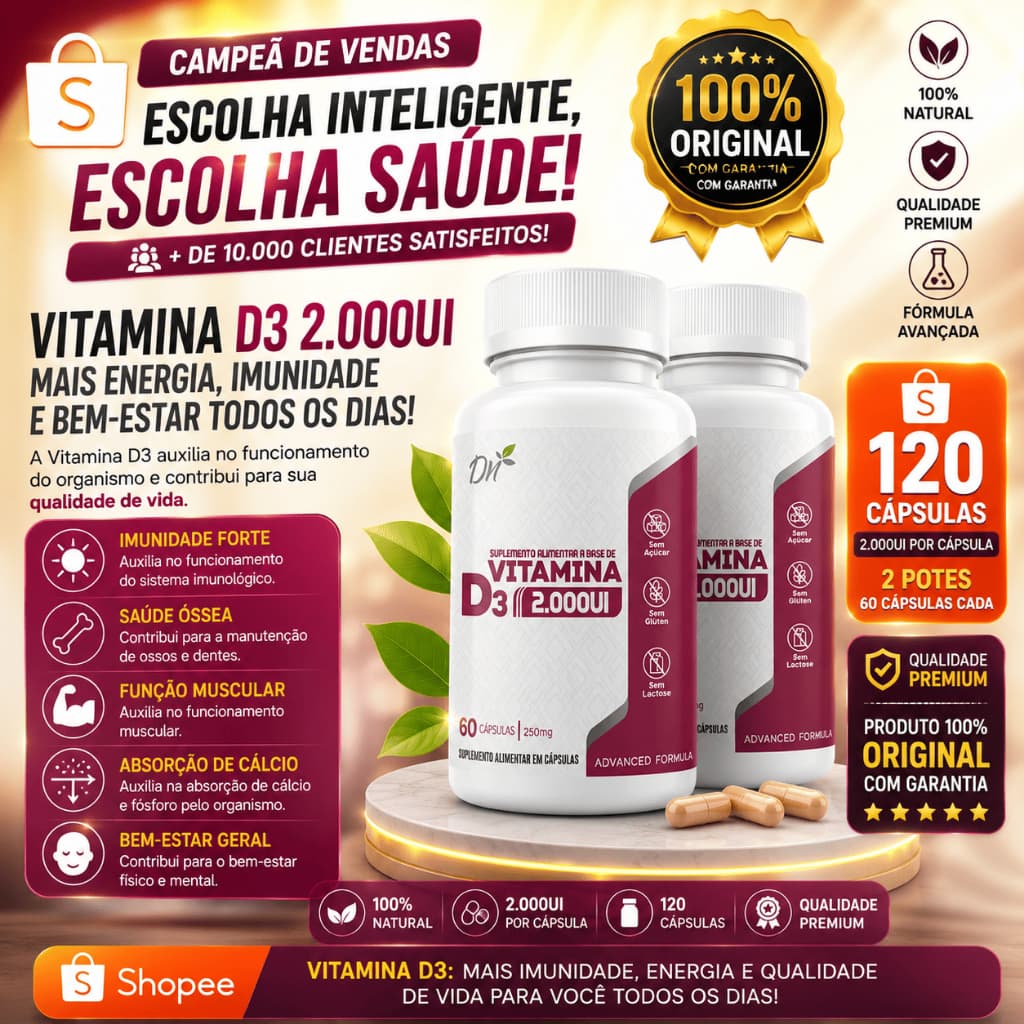 2 Vitamina D2000ui Original 120 Cápsulas Vitamina D3 Imunidade Baixa Suplemento Alimentar