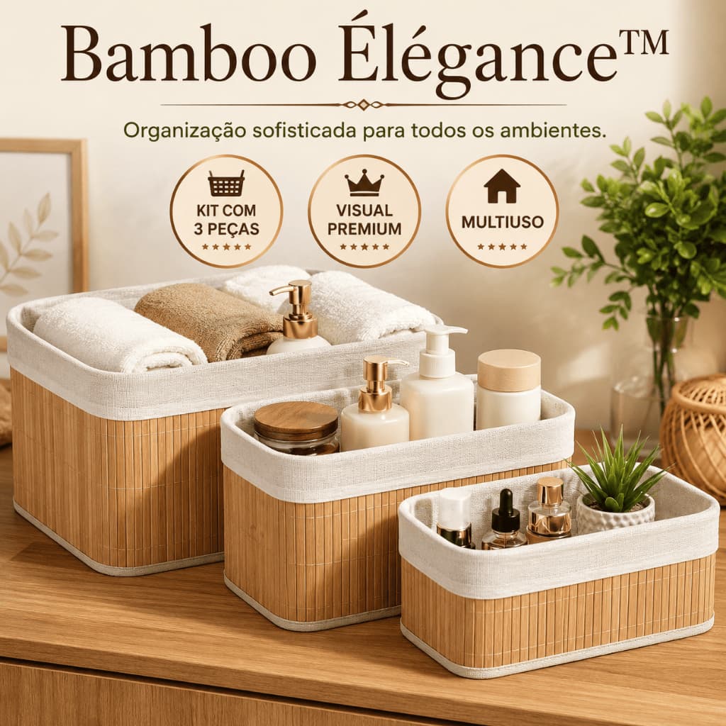 Kit 3 Cestos Organizadores de Bambu Organizador Multiuso Decorativo para Cozinha Banheiro Closet