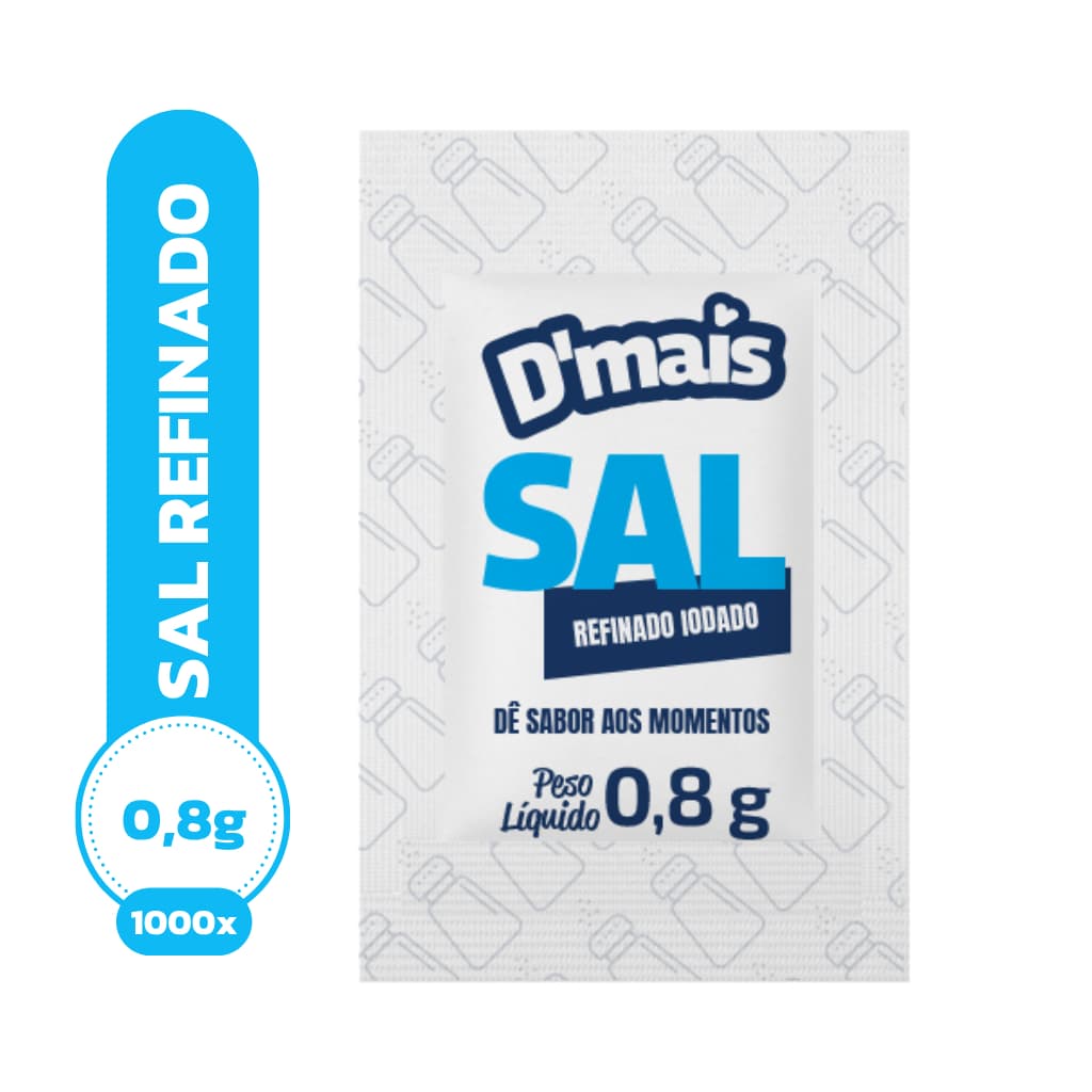 Sal Marinho Sachê 0,8g D’Mais Caixa 1000 Unidades Refinado Para Restaurante Delivery