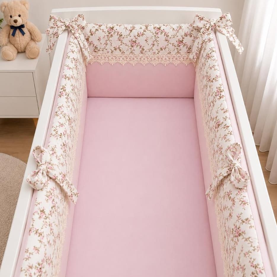 Kit Para Mini Berço  Floral Sarah Rosa  3 peças Kit de Mini Berço Bebê Menina
