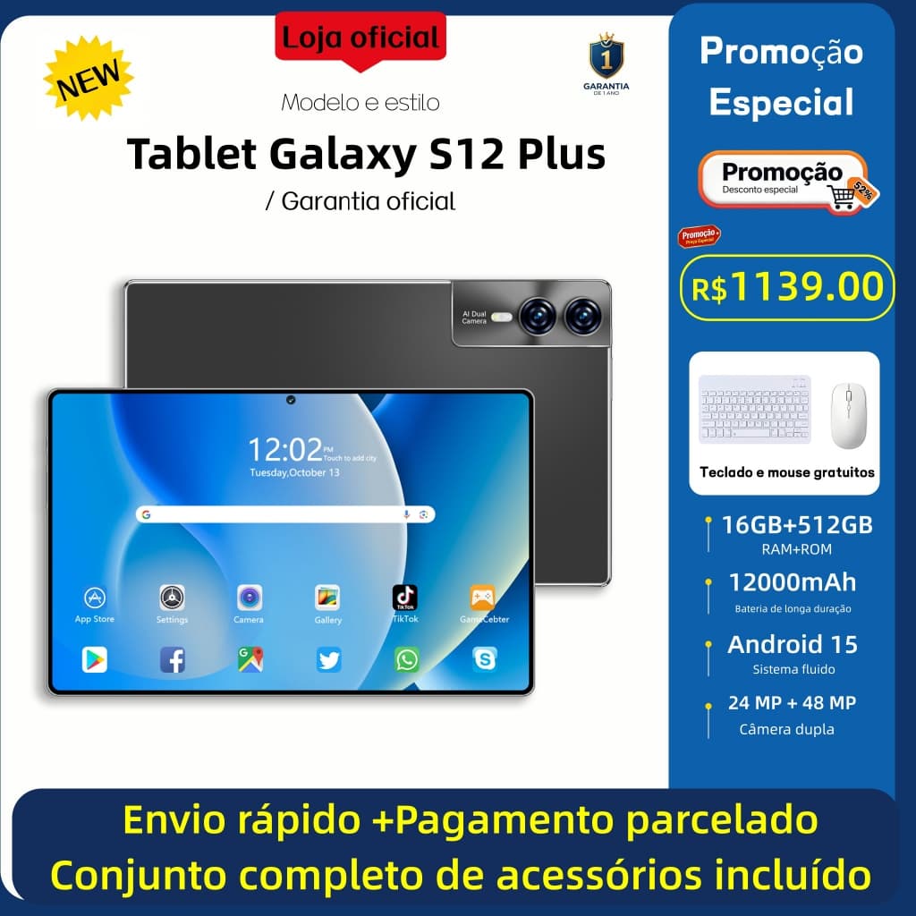 Tablet Galaxy S12 Plus 12,8 polegadas, 16 GB + 512 GB, bateria de 12.000 mAh, Android, 5G, Wi-Fi, teclado e mouse gratui