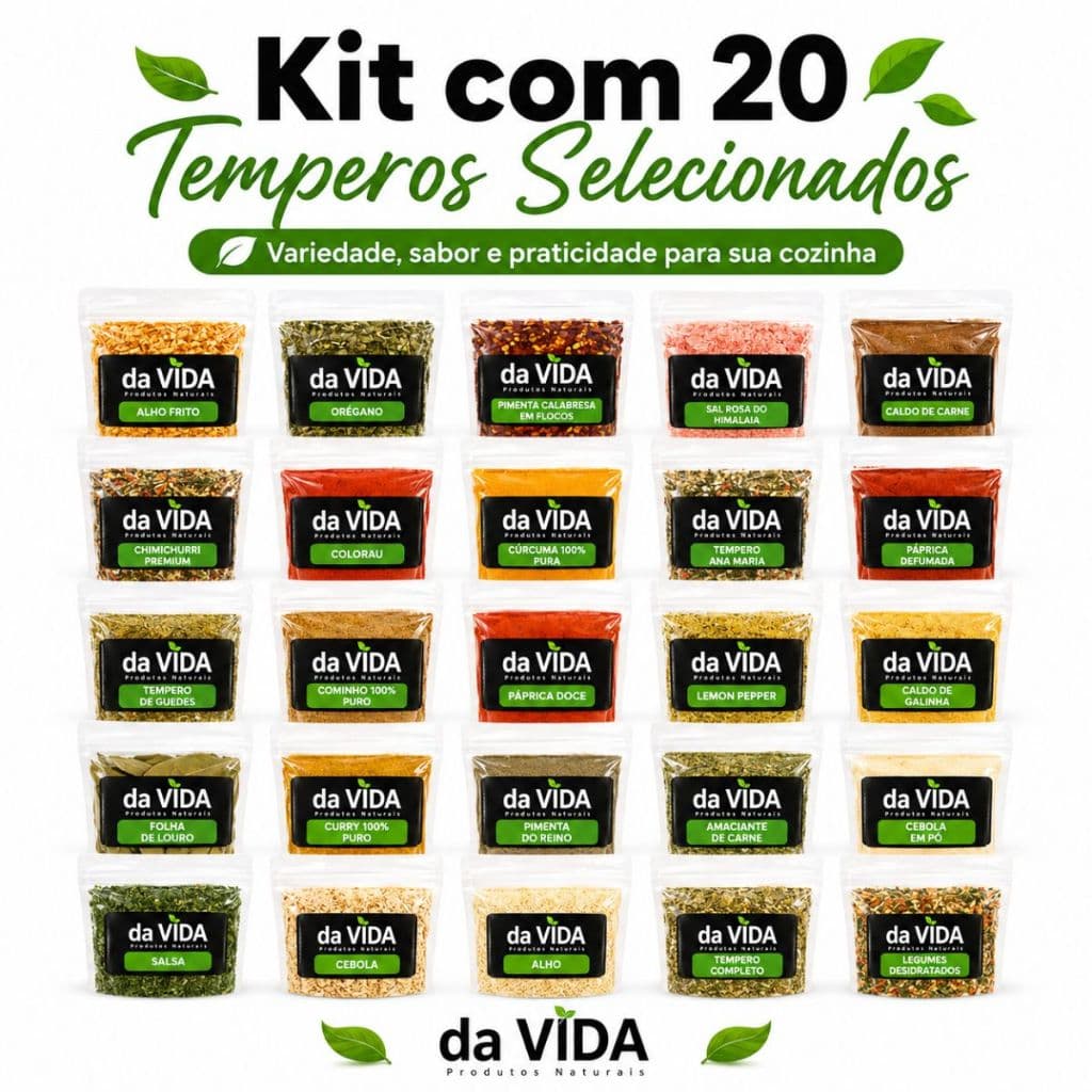 Kit Essencial de Temperos e Condimentos Naturais – 20 Sabores Indispensáveis para sua Cozinha Zip Lock