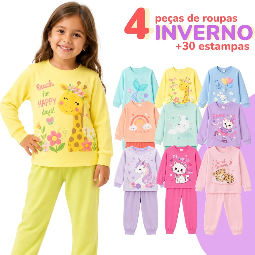Kit 4 Peças Conjunto Moletom Infantil Inverno Sortido Menina Estampado e Liso (2 conjuntos)