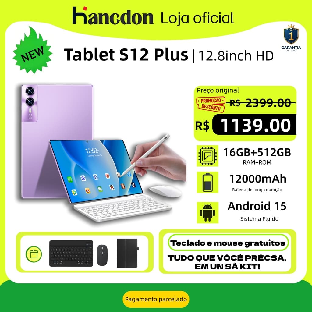 【Garantia oficial】Tablet S12 Plus 12,8 polegadas HD 16 GB + 512 GB 12.000 mAh Android 5G – Envio rápido e parcelamento