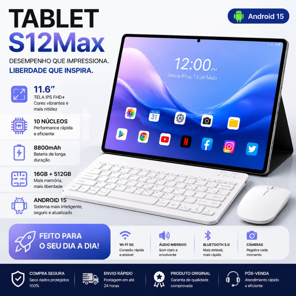 Tablet S12 Max Pad Combo with Keyboard and Mouse | 16GB RAM 512GB | 11.6" HD screen | 8800mAh battery | Android 15