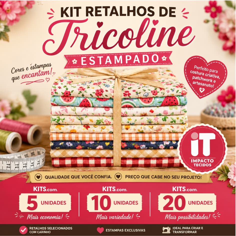 Kit Retalhos Tricoline 100% algodão - 25cm x 45cm de largura 5 10 ou 20 Peças Patchwork, Artesanato, Costura Criativa