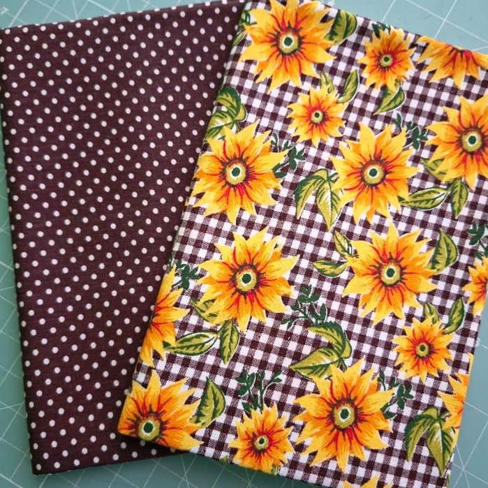 Kit 2 Tecidos Tricoline 100% Algodão Girassol e Poá Marrom 50cm x 1,50m Patchwork Costura Criativa