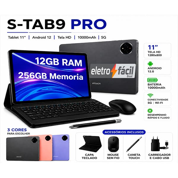 Tablet S-Tab9 Pro 11 Polegadas 12GB RAM 256GB Android 12 Wi-Fi 5G ComTeclado Mouse Caneta