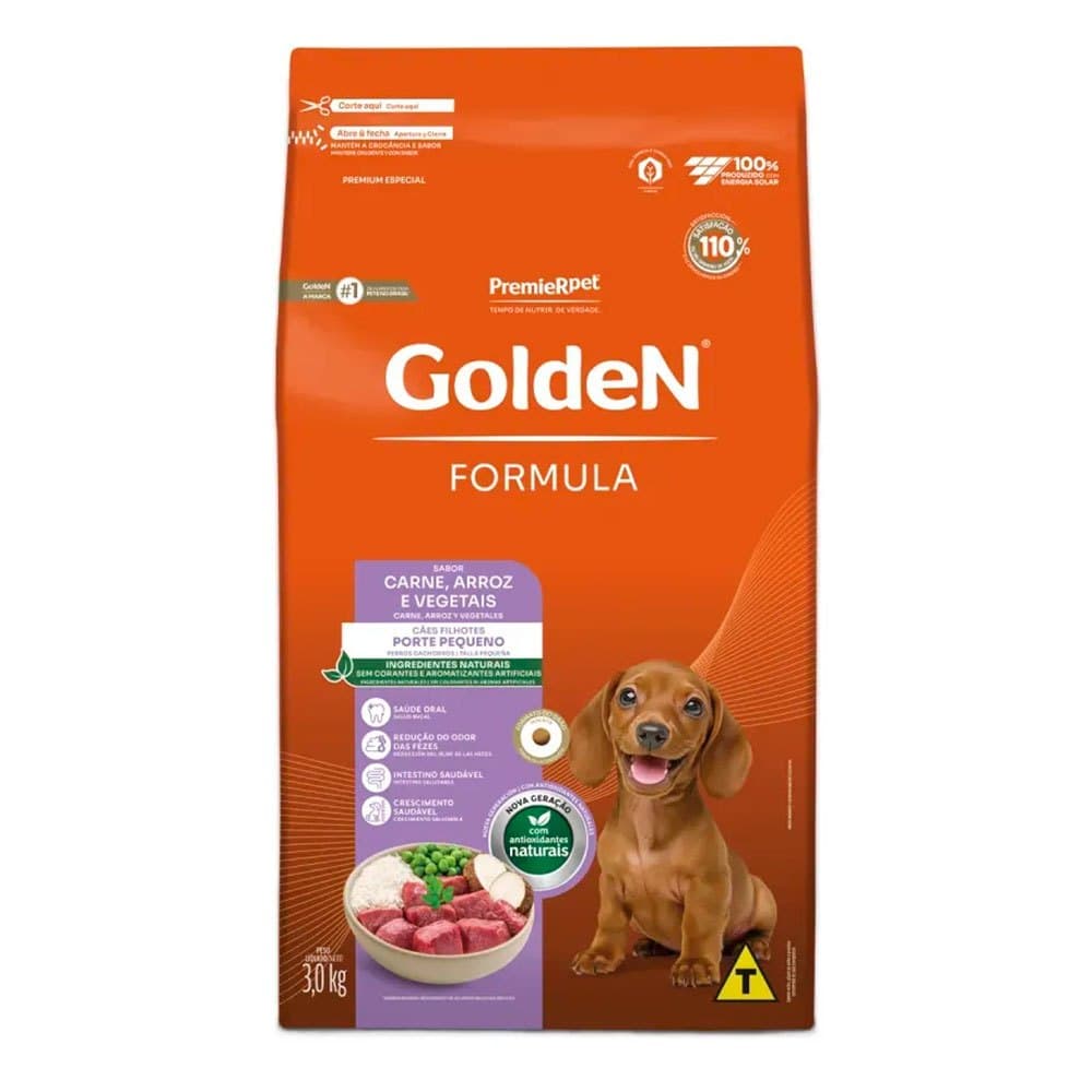 Ração Golden Fórmula Mini Bits Cães Filhotes Porte Pequeno Carne e Arroz 3kg
