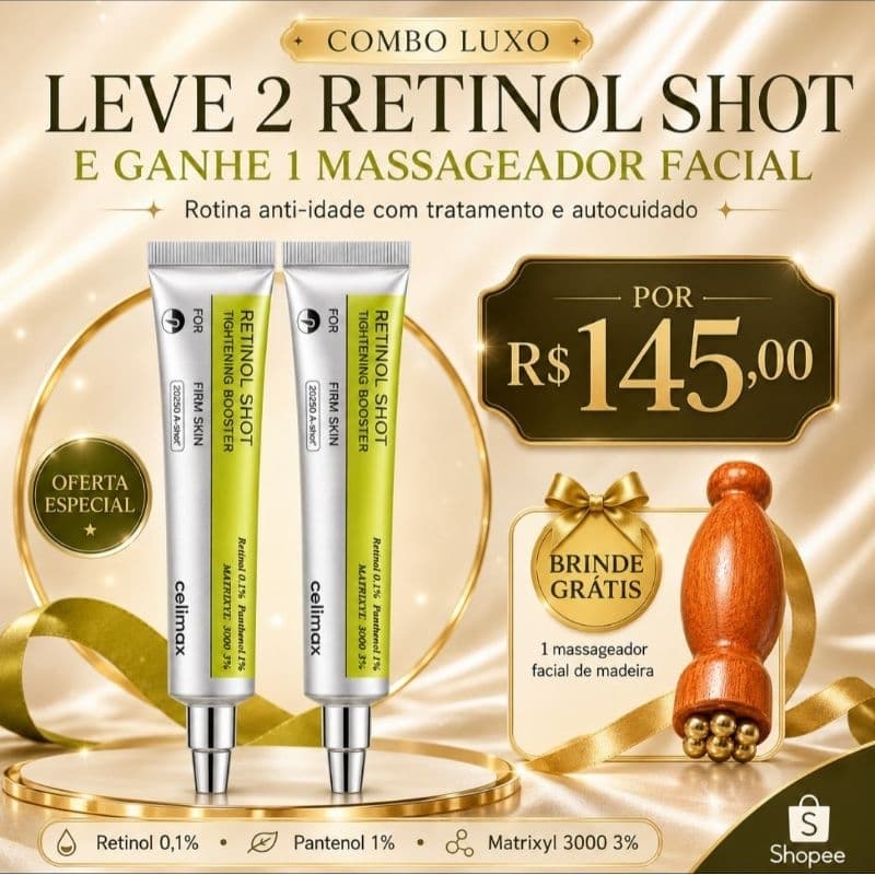 Kit Promocional 2 Retinol Facial Celimax 15ml + Massageador Facial Anti-idade Linhas Finas Sinais e Rugas