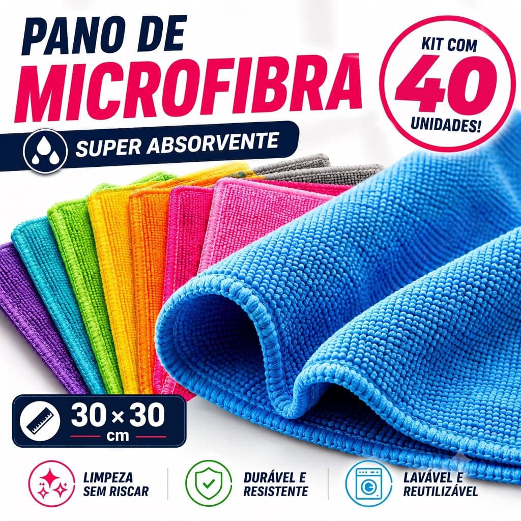 Kit 40 Panos de Microfibra 30x30 Multiuso Alta Absorção Limpeza Casa Carro