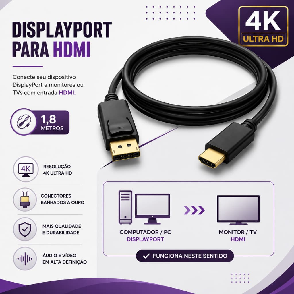 Cabo para Monitor Projetor Gamer DisplayPort x Hdmi 1.8 Metro