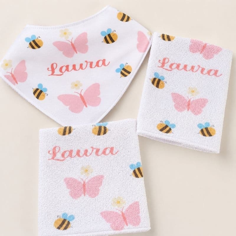 kit 3 unidades fraldinha de boca e babador bandana atoalhado personalizado com nome 100% algodão enxoval bebê
