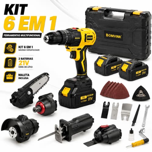 Kit Ferramentas 6 em 1 21V com 2 Baterias Furadeira Chave Impacto Esmerilhadeira Serra Sabre Motosserra