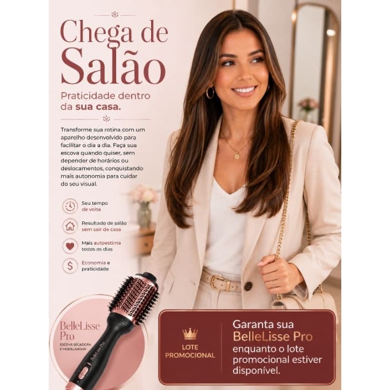 Escova Secadora Modeladora Profissional BelleLisse Pro 1300W Bivolt Alisa Seca Modela Cabelos